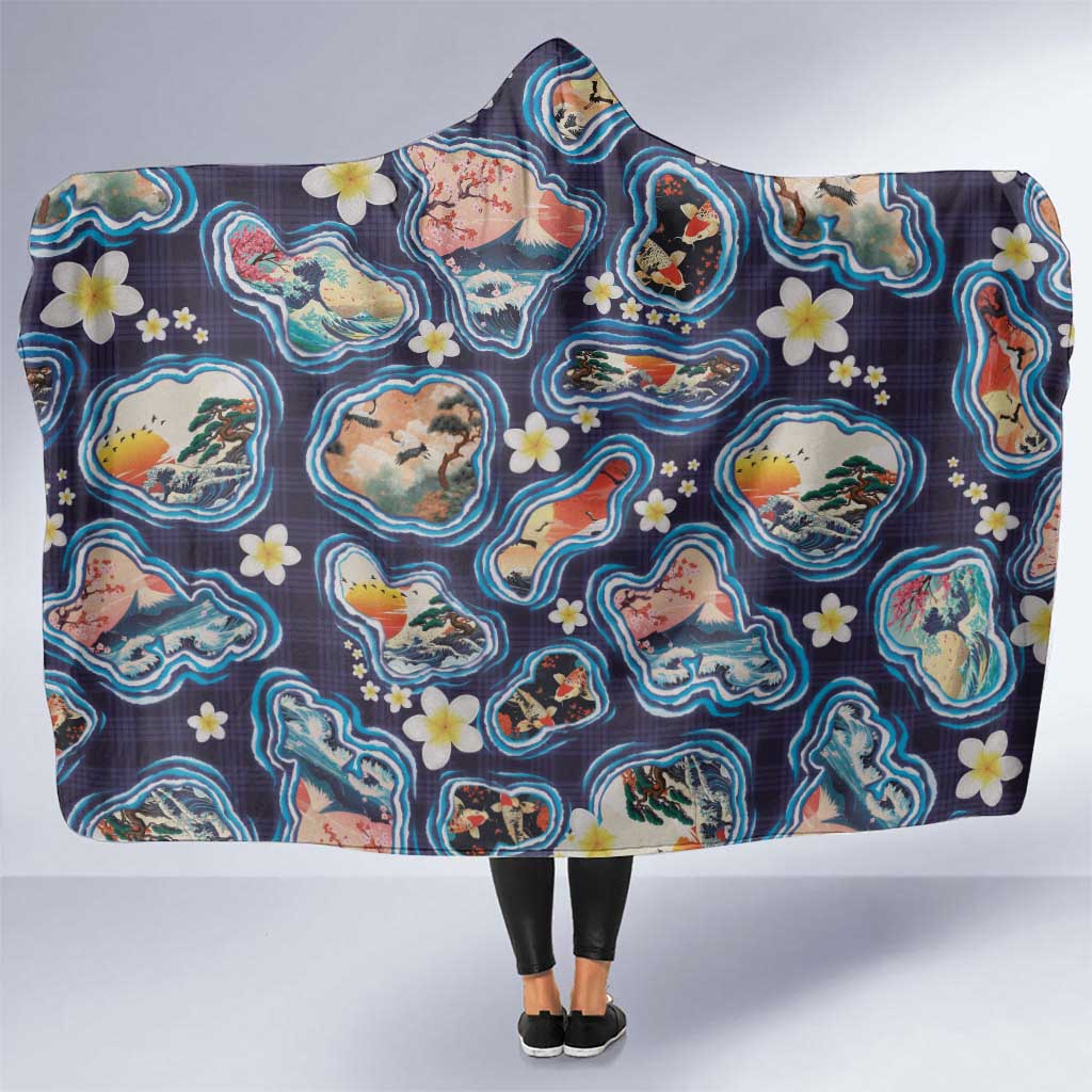 Hawaii Islands Map Design with Japanese Landscape Hooded Blanket Hawaiian Japan Fusion Art Navy Color LT03 One Size Navy - Polynesian Pride