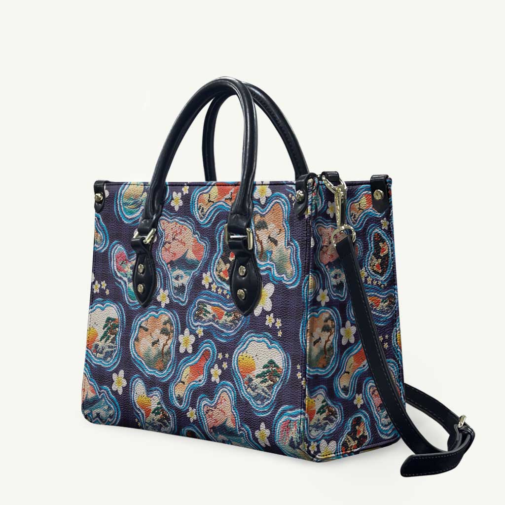 Hawaii Islands Map Design with Japanese Landscape Leather Bag Hawaiian Japan Fusion Art Navy Color LT03 Navy - Polynesian Pride