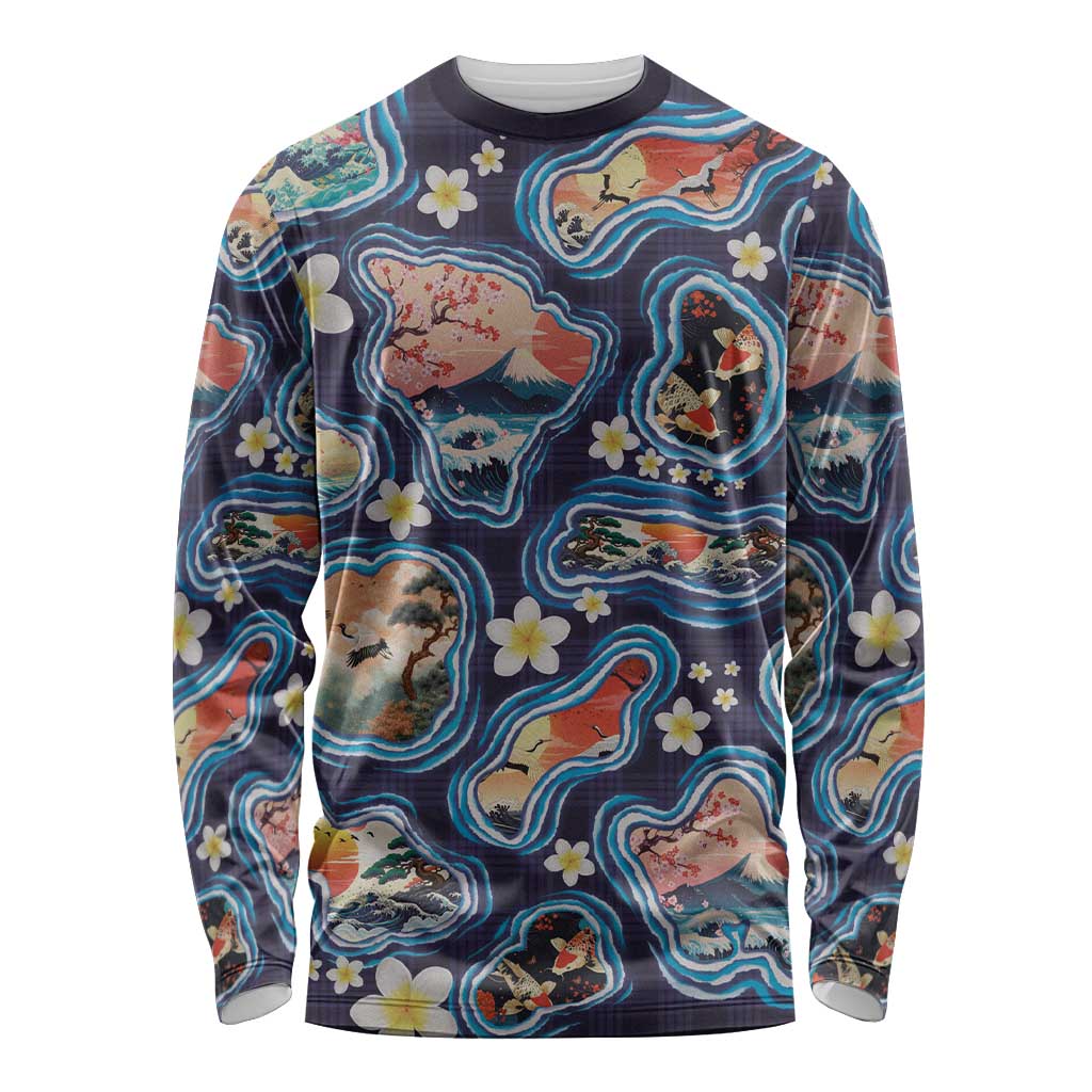 Hawaii Islands Map Design with Japanese Landscape Long Sleeve Shirt Hawaiian Japan Fusion Art Navy Color LT03 Unisex Navy - Polynesian Pride