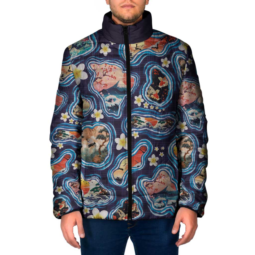 Hawaii Islands Map Design with Japanese Landscape Padded Jacket Hawaiian Japan Fusion Art Navy Color LT03 Men Navy - Polynesian Pride