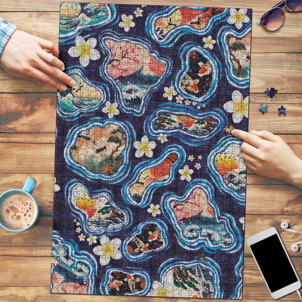 Hawaii Islands Map Design with Japanese Landscape Puzzle Hawaiian Japan Fusion Art Navy Color LT03 Navy - Polynesian Pride