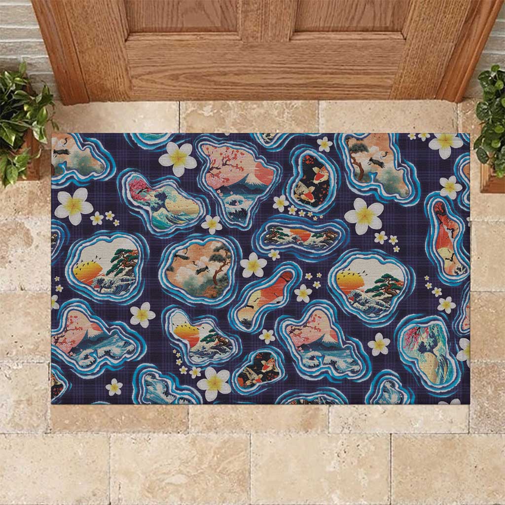 Hawaii Islands Map Design with Japanese Landscape Rubber Doormat Hawaiian Japan Fusion Art Navy Color LT03 Navy - Polynesian Pride