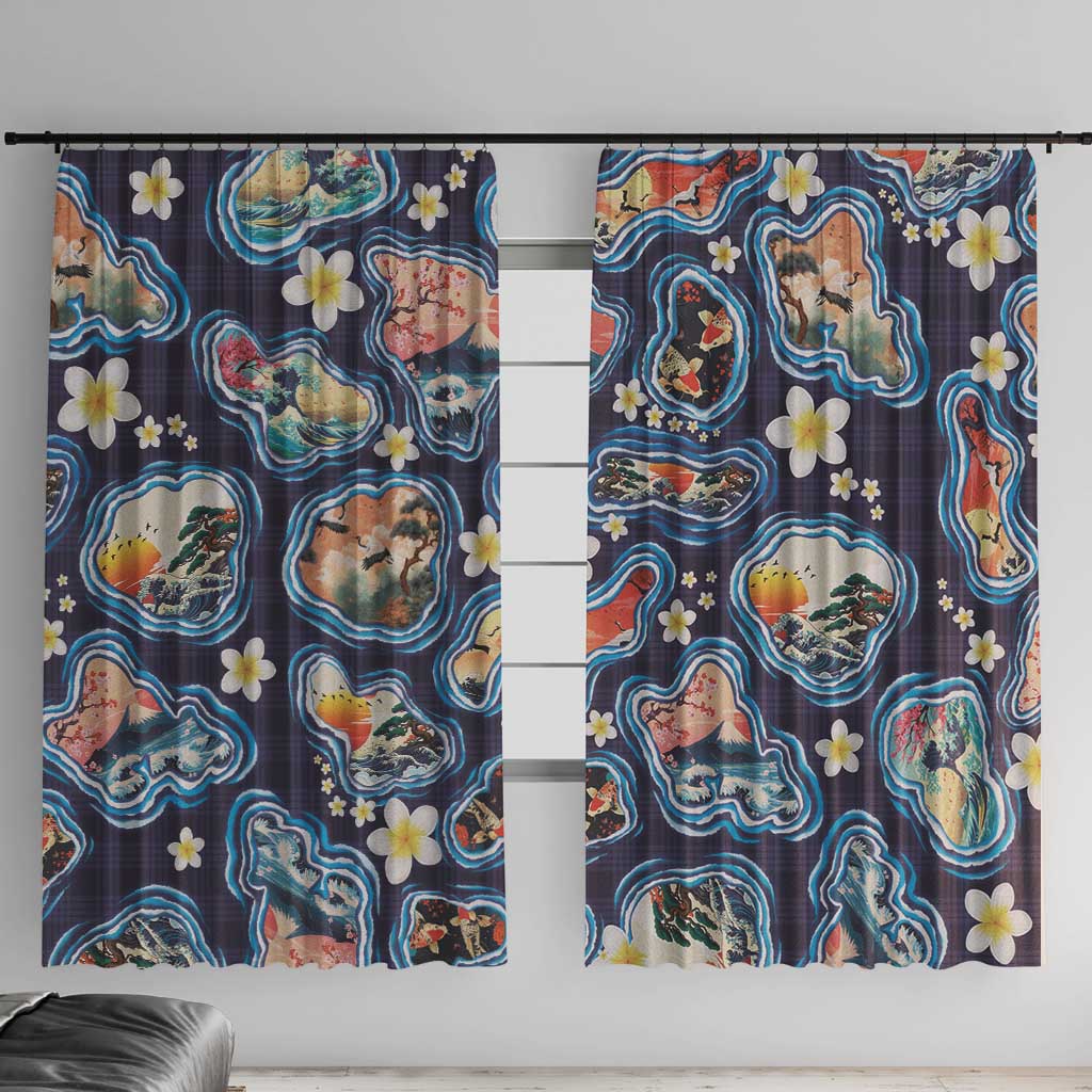 Hawaii Islands Map Design with Japanese Landscape Window Curtain Hawaiian Japan Fusion Art Navy Color LT03 With Hooks Navy - Polynesian Pride