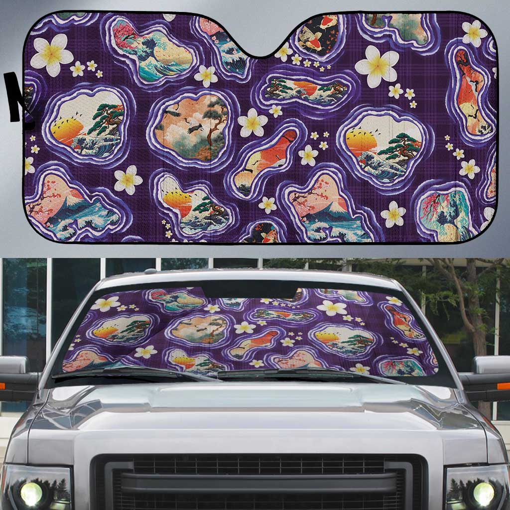 Hawaii Islands Map Design with Japanese Landscape Auto Sun Shade Hawaiian Japan Fusion Art Purple Color LT03 Purple - Polynesian Pride
