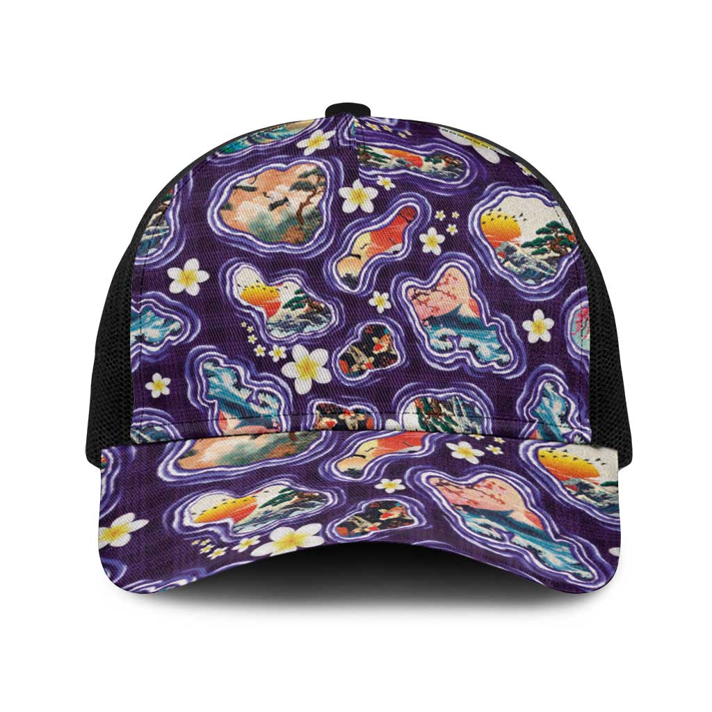 Hawaii Islands Map Design with Japanese Landscape Baseball Net Cap Hawaiian Japan Fusion Art Purple Color LT03 One Size Black Purple - Polynesian Pride