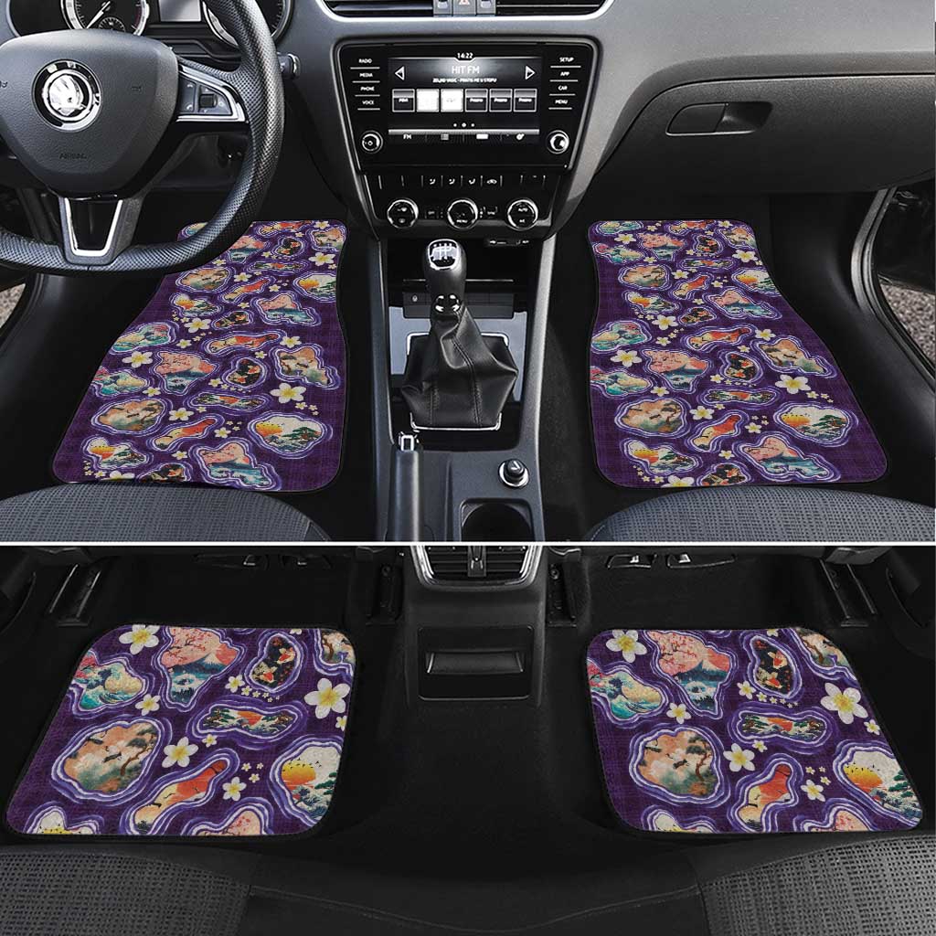 Hawaii Islands Map Design with Japanese Landscape Car Mats Hawaiian Japan Fusion Art Purple Color LT03 Set 4pcs Purple - Polynesian Pride