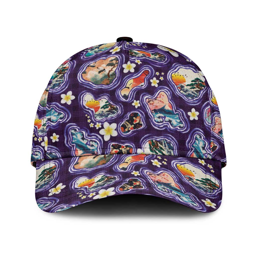 Hawaii Islands Map Design with Japanese Landscape Classic Cap Hawaiian Japan Fusion Art Purple Color LT03 Universal Fit Purple - Polynesian Pride