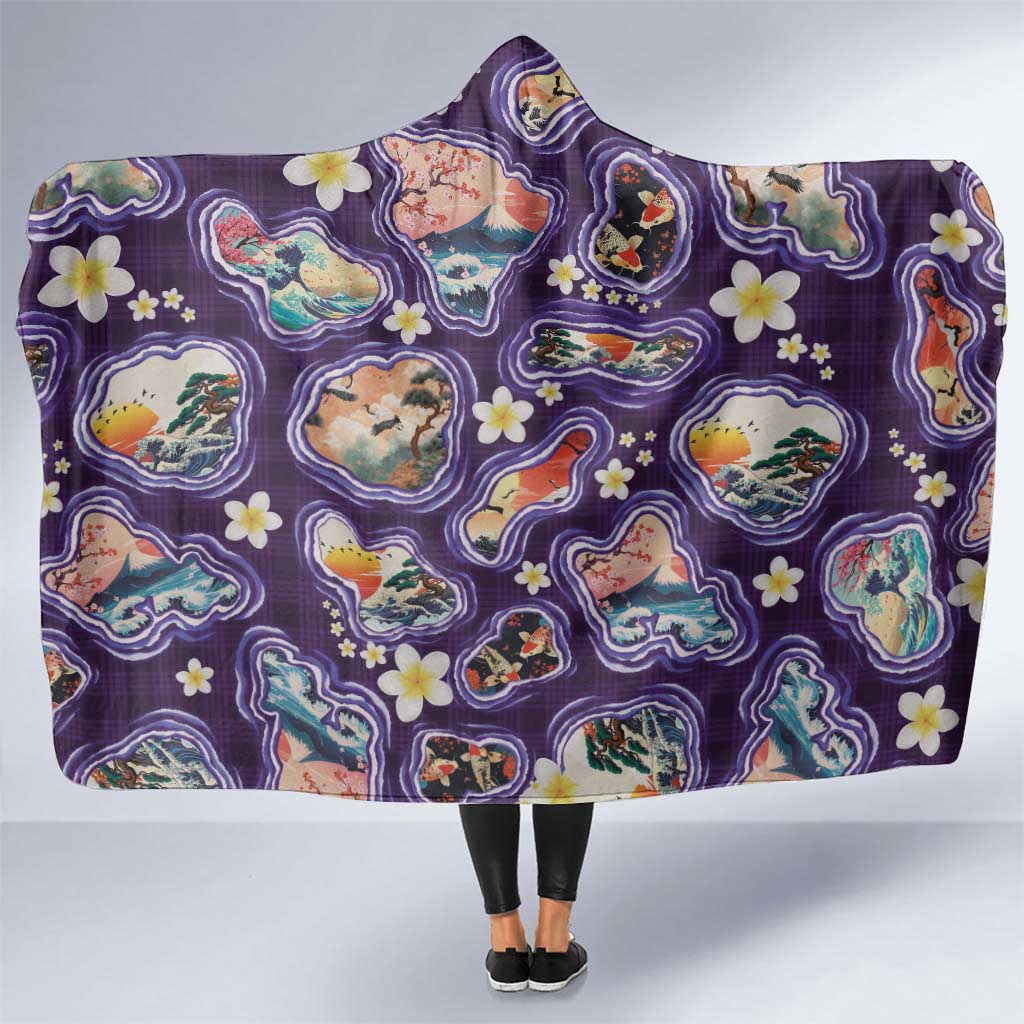 Hawaii Islands Map Design with Japanese Landscape Hooded Blanket Hawaiian Japan Fusion Art Purple Color LT03 One Size Purple - Polynesian Pride