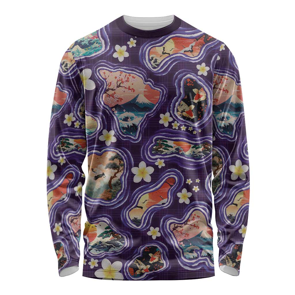 Hawaii Islands Map Design with Japanese Landscape Long Sleeve Shirt Hawaiian Japan Fusion Art Purple Color LT03 Unisex Purple - Polynesian Pride