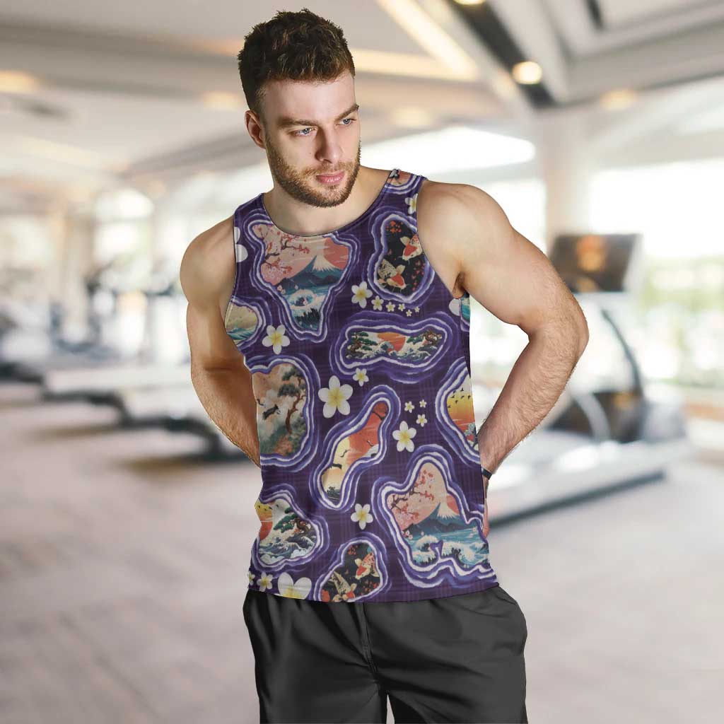 Hawaii Islands Map Design with Japanese Landscape Men Tank Top Hawaiian Japan Fusion Art Purple Color LT03 Purple - Polynesian Pride
