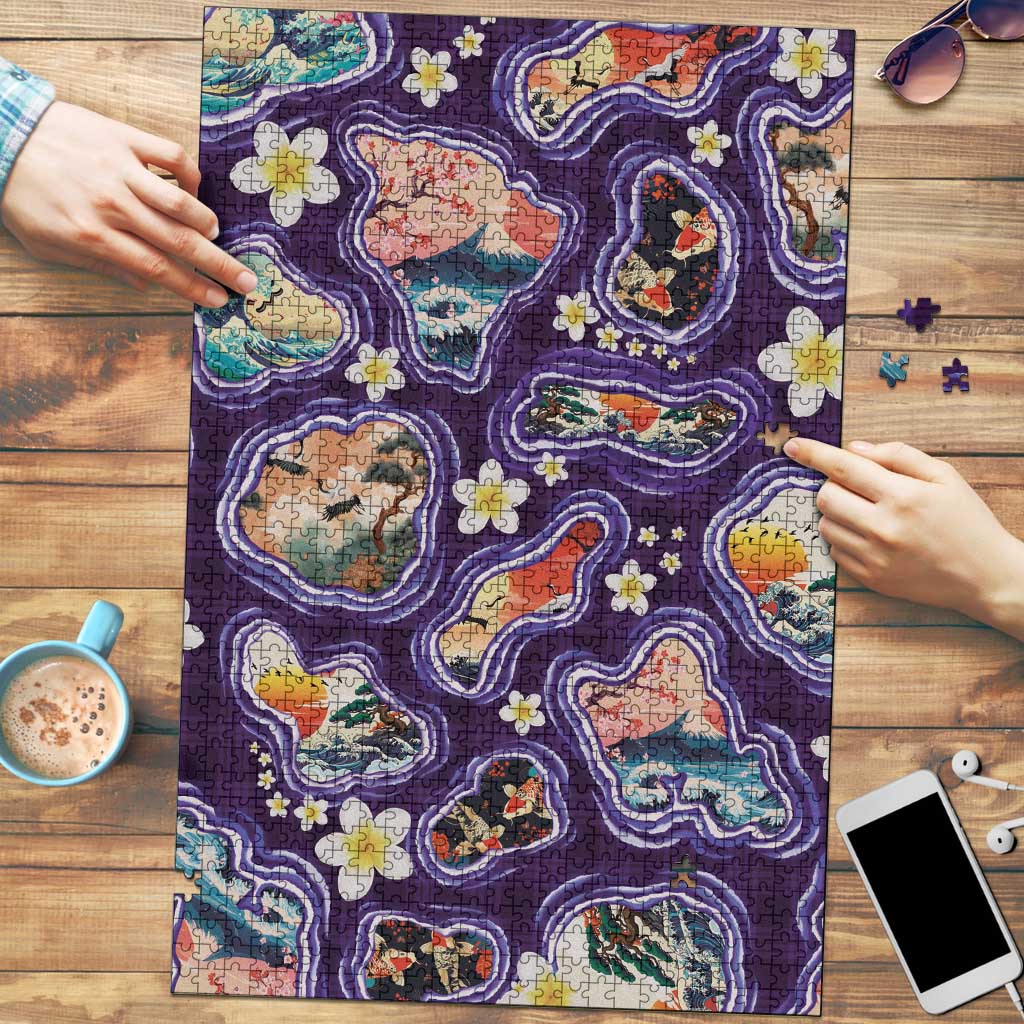 Hawaii Islands Map Design with Japanese Landscape Puzzle Hawaiian Japan Fusion Art Purple Color LT03 Purple - Polynesian Pride