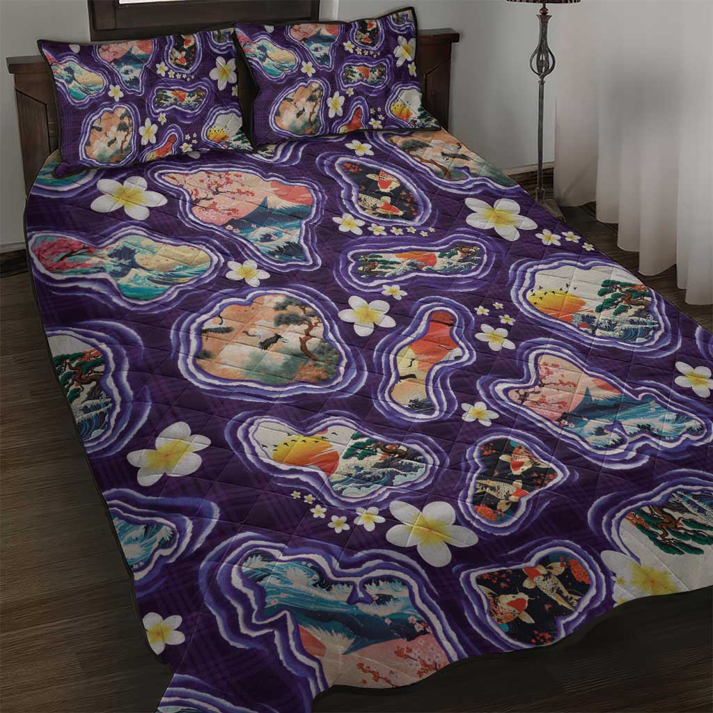 Hawaii Islands Map Design with Japanese Landscape Quilt Bed Set Hawaiian Japan Fusion Art Purple Color LT03 Purple - Polynesian Pride