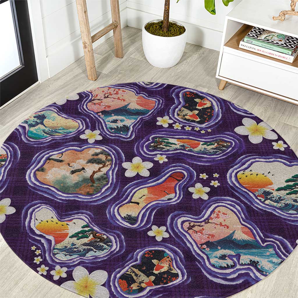 Hawaii Islands Map Design with Japanese Landscape Round Carpet Hawaiian Japan Fusion Art Purple Color LT03 Purple - Polynesian Pride