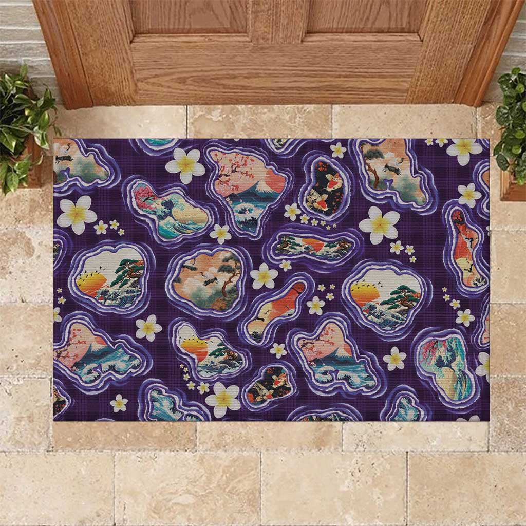 Hawaii Islands Map Design with Japanese Landscape Rubber Doormat Hawaiian Japan Fusion Art Purple Color LT03 Purple - Polynesian Pride