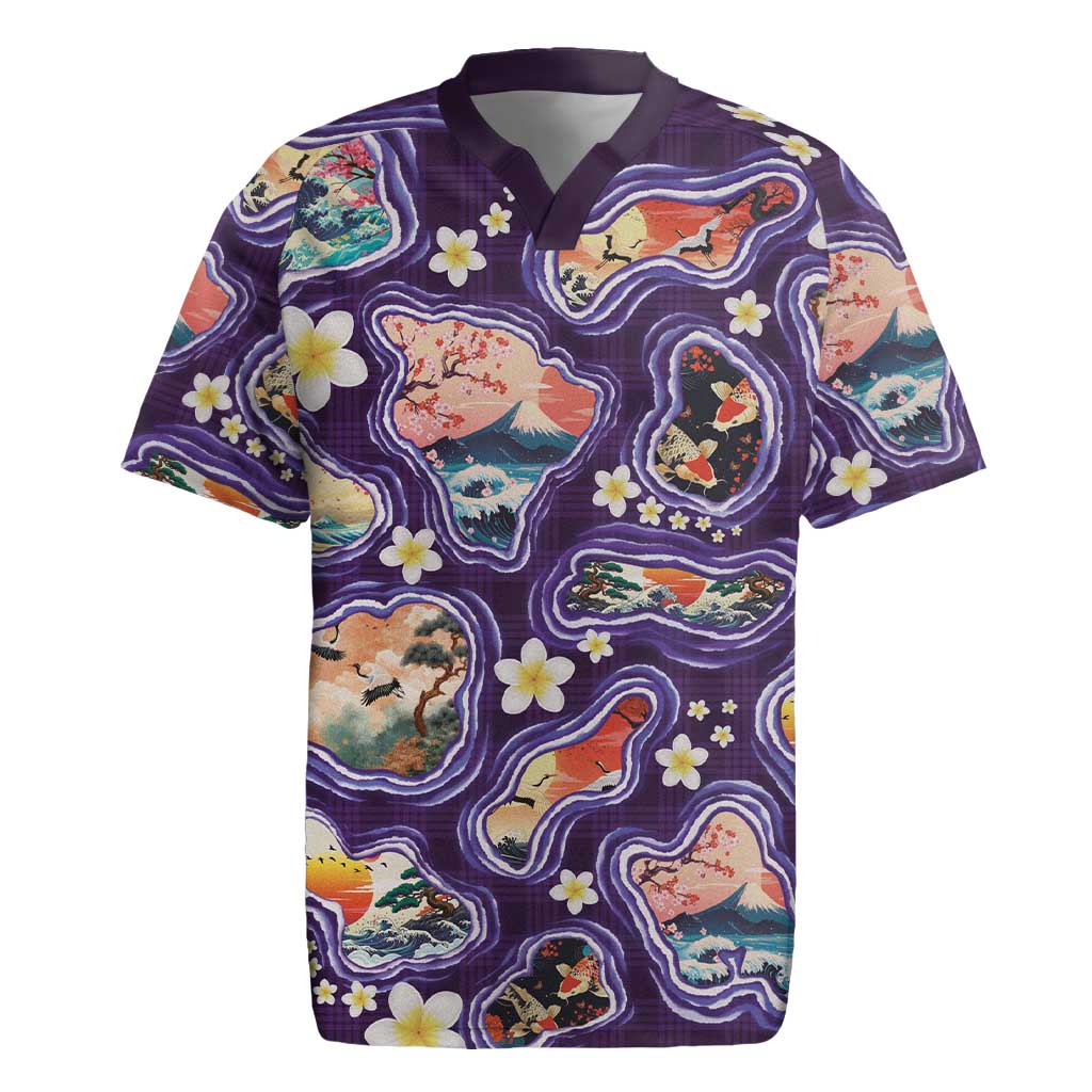 Hawaii Islands Map Design with Japanese Landscape Rugby Jersey Hawaiian Japan Fusion Art Purple Color LT03 Purple - Polynesian Pride