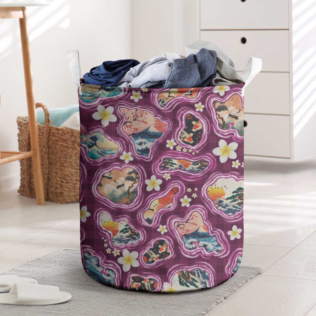 Hawaii Islands Map Design with Japanese Landscape Laundry Basket Hawaiian Japan Fusion Art Pink Color LT03 Pink - Polynesian Pride
