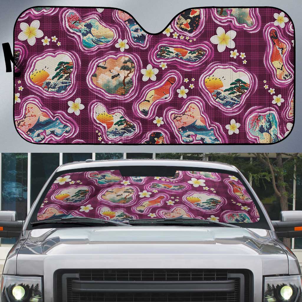 Hawaii Islands Map Design with Japanese Landscape Auto Sun Shade Hawaiian Japan Fusion Art Pink Color LT03 Pink - Polynesian Pride