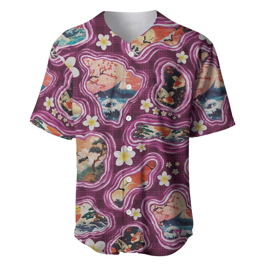 Hawaii Islands Map Design with Japanese Landscape Baseball Jersey Hawaiian Japan Fusion Art Pink Color LT03 Pink - Polynesian Pride