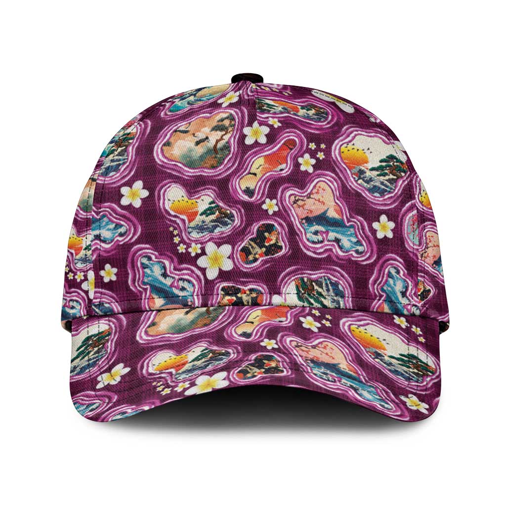 Hawaii Islands Map Design with Japanese Landscape Classic Cap Hawaiian Japan Fusion Art Pink Color LT03 Universal Fit Pink - Polynesian Pride