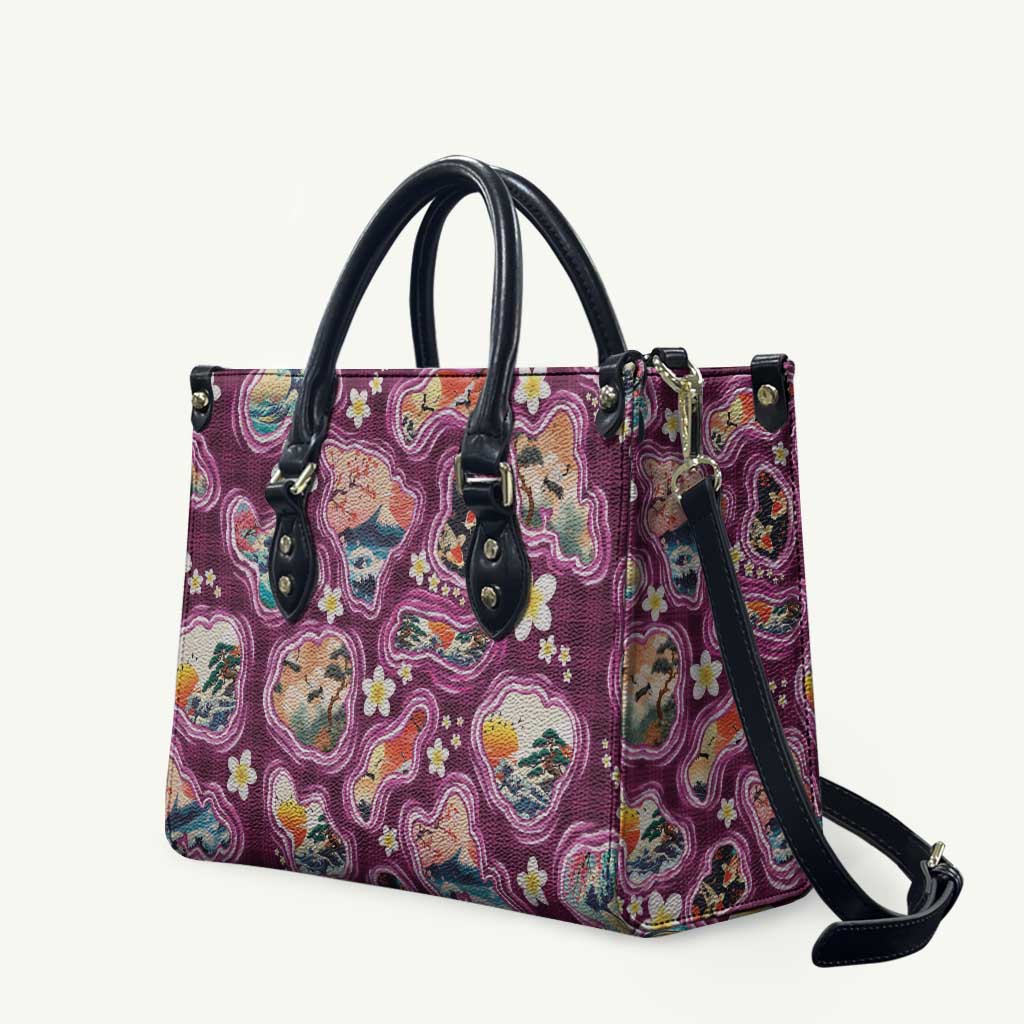Hawaii Islands Map Design with Japanese Landscape Leather Bag Hawaiian Japan Fusion Art Pink Color LT03 Pink - Polynesian Pride