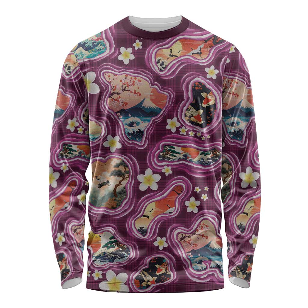 Hawaii Islands Map Design with Japanese Landscape Long Sleeve Shirt Hawaiian Japan Fusion Art Pink Color LT03 Unisex Pink - Polynesian Pride
