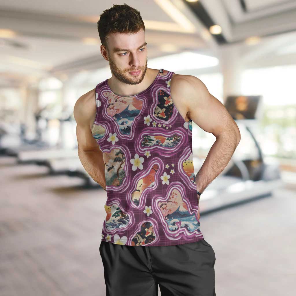 Hawaii Islands Map Design with Japanese Landscape Men Tank Top Hawaiian Japan Fusion Art Pink Color LT03 Pink - Polynesian Pride