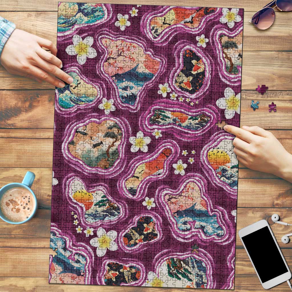 Hawaii Islands Map Design with Japanese Landscape Puzzle Hawaiian Japan Fusion Art Pink Color LT03 Pink - Polynesian Pride