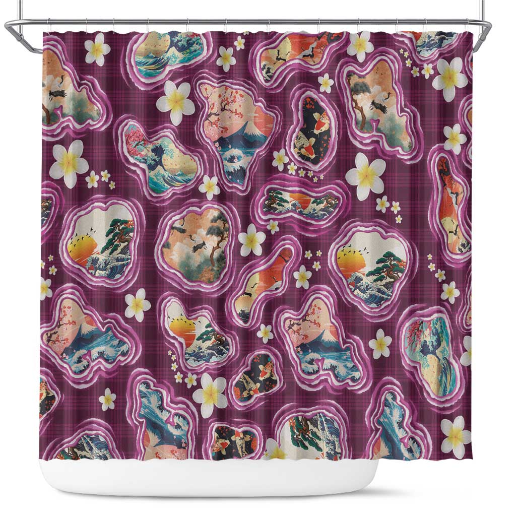 Hawaii Islands Map Design with Japanese Landscape Shower Curtain Hawaiian Japan Fusion Art Pink Color LT03 Pink - Polynesian Pride