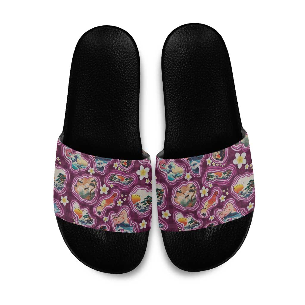 Hawaii Islands Map Design with Japanese Landscape Slide Sandals Hawaiian Japan Fusion Art Pink Color LT03 Pink - Polynesian Pride