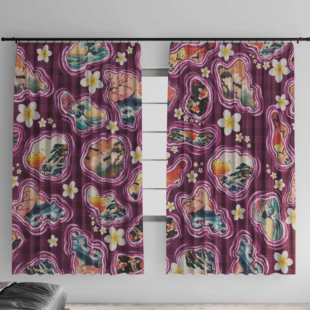 Hawaii Islands Map Design with Japanese Landscape Window Curtain Hawaiian Japan Fusion Art Pink Color LT03 With Hooks Pink - Polynesian Pride