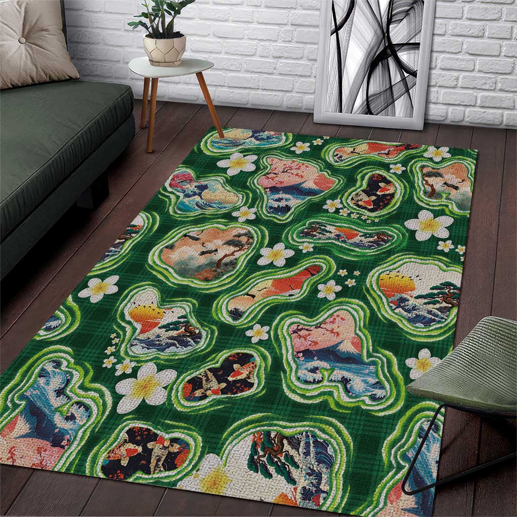 Hawaiian and Japanese Culture Together Area Rug Hawaiian Island Shapes with Japanese Landscape Green Color LT03 Green - Polynesian Pride
