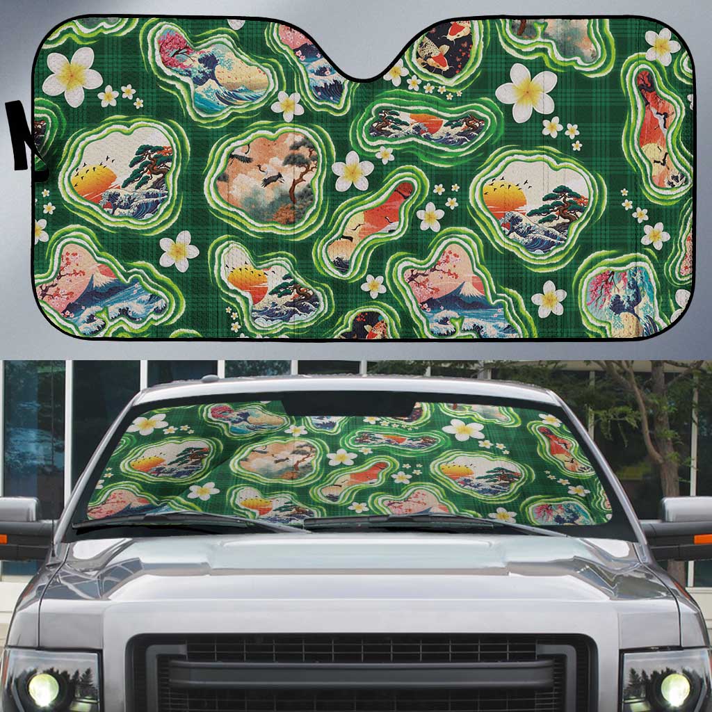 Hawaiian and Japanese Culture Together Auto Sun Shade Hawaiian Island Shapes with Japanese Landscape Green Color LT03 Green - Polynesian Pride