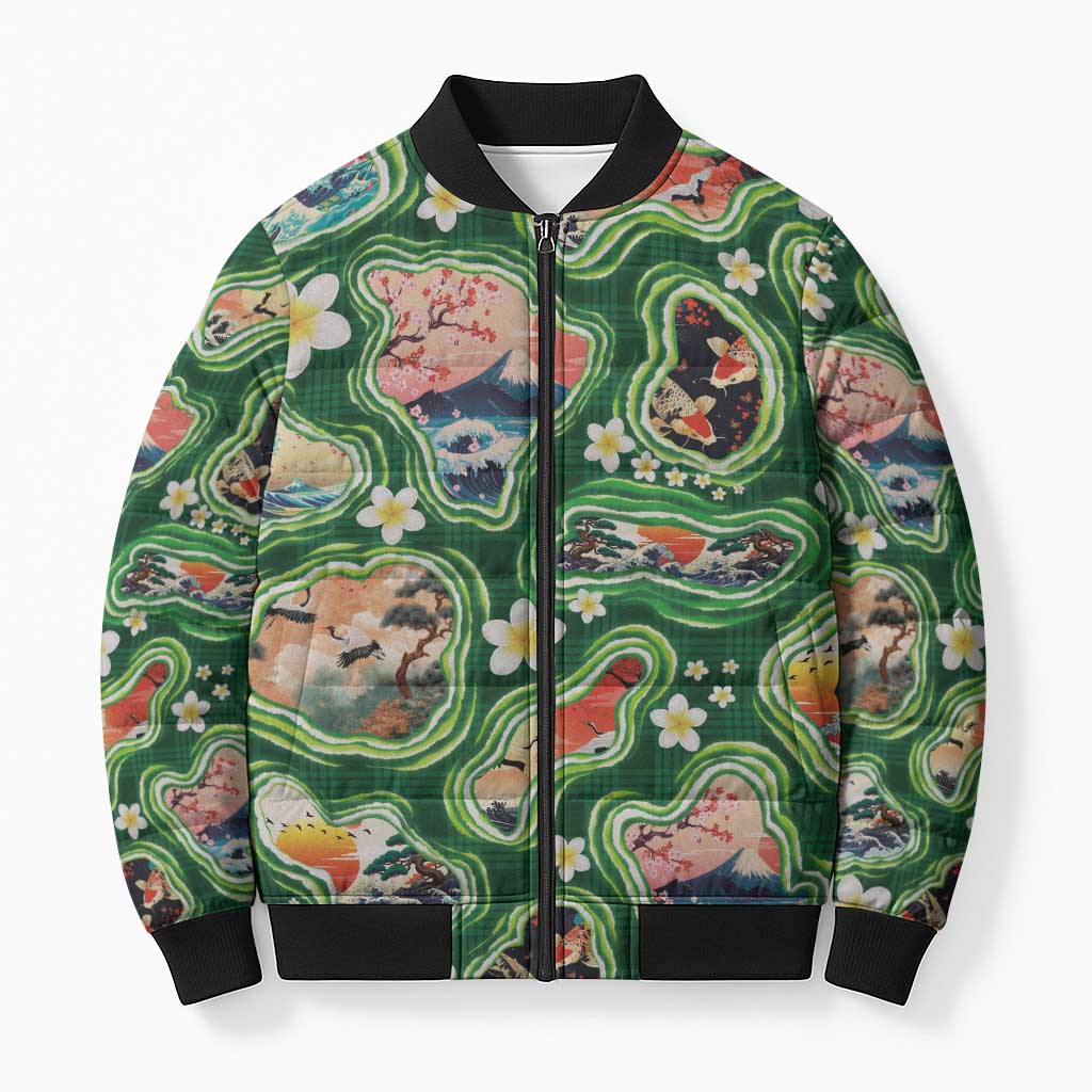 Hawaiian and Japanese Culture Together Bomber Puffer Jacket Hawaiian Island Shapes with Japanese Landscape Green Color LT03 Unisex Green - Polynesian Pride