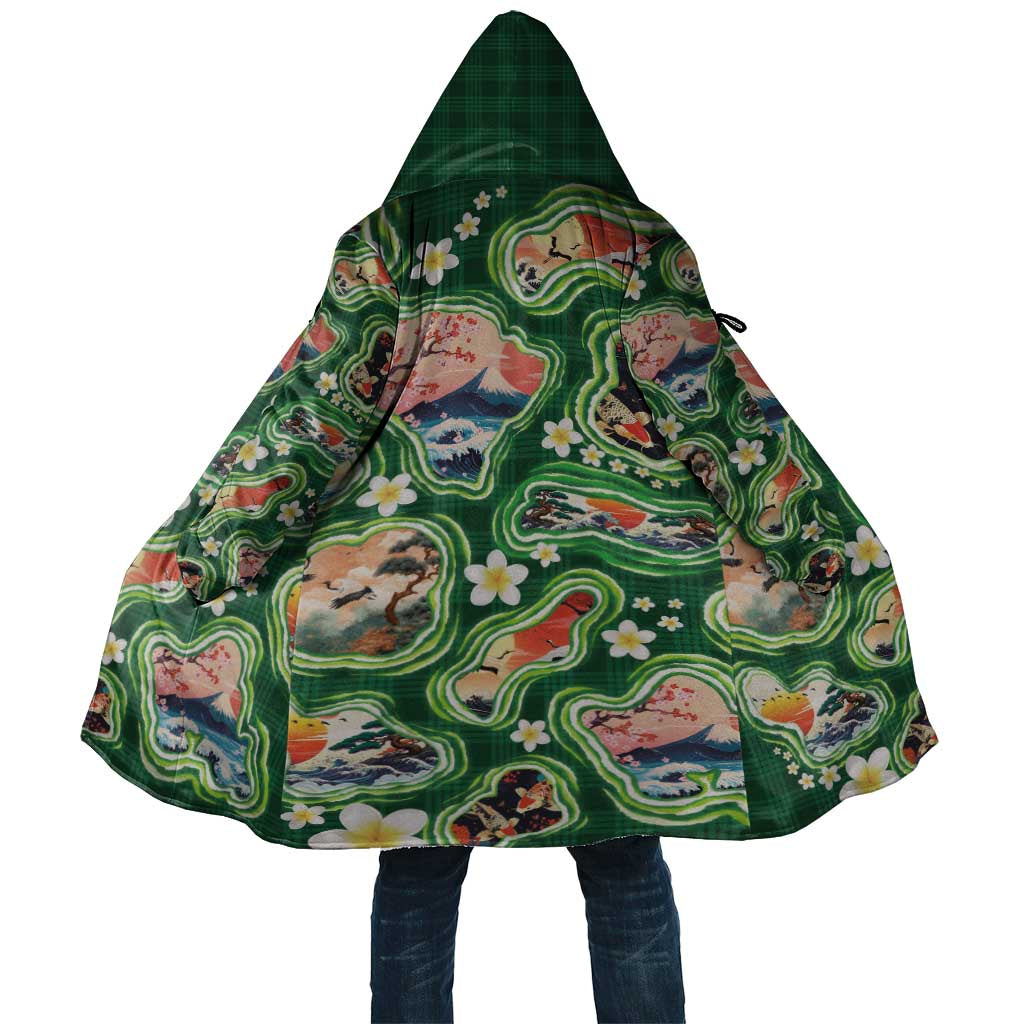 Hawaiian and Japanese Culture Together Cloak Hawaiian Island Shapes with Japanese Landscape Green Color LT03 Unisex Green - Polynesian Pride