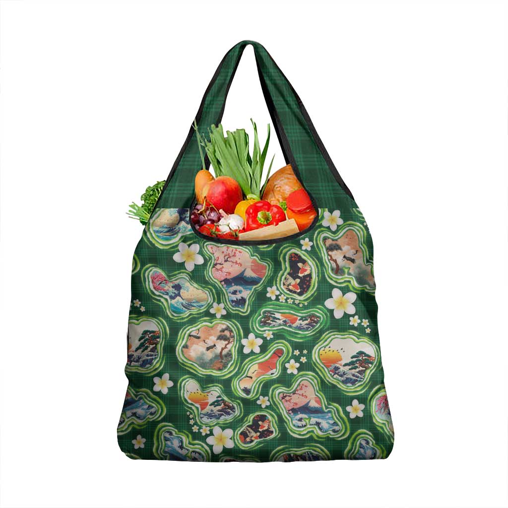 Hawaiian and Japanese Culture Together Grocery Bag Hawaiian Island Shapes with Japanese Landscape Green Color LT03 1-pack One Size Green - Polynesian Pride