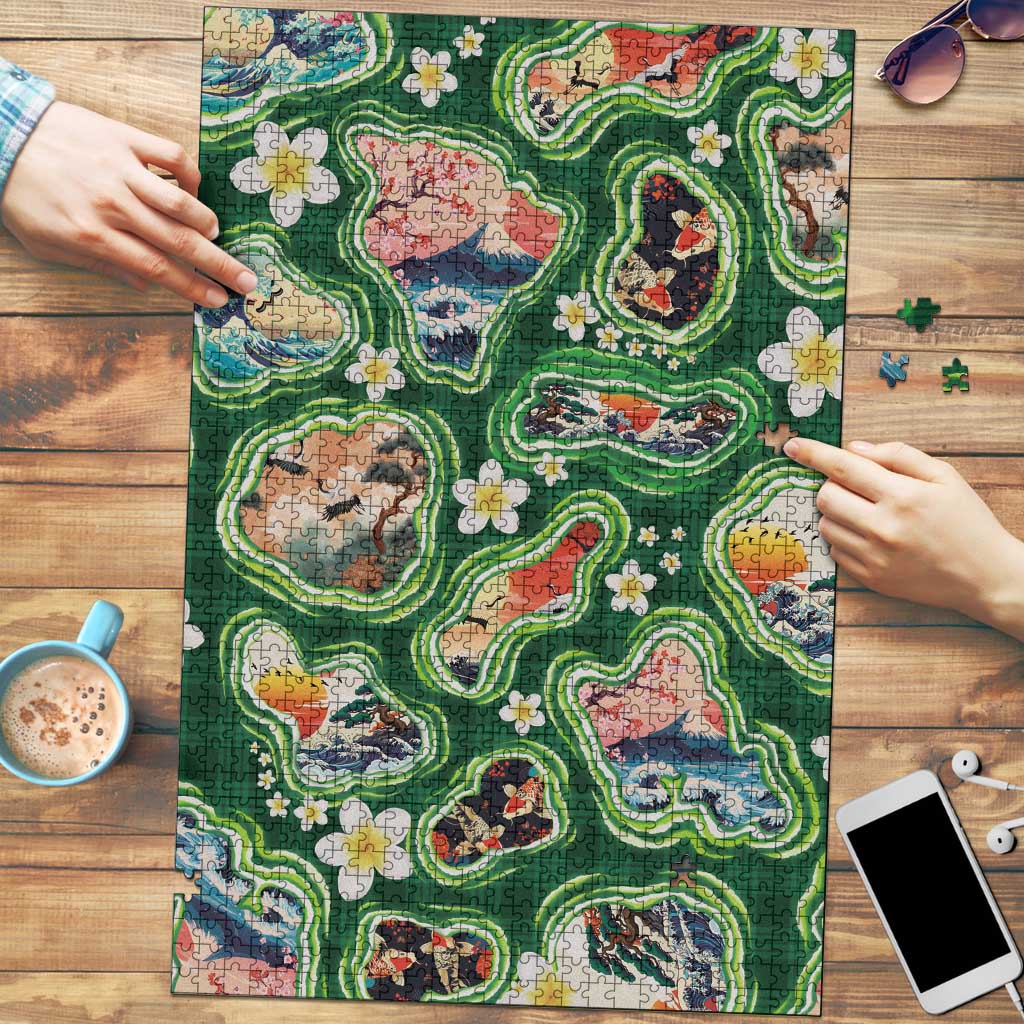 Hawaiian and Japanese Culture Together Puzzle Hawaiian Island Shapes with Japanese Landscape Green Color LT03 Green - Polynesian Pride
