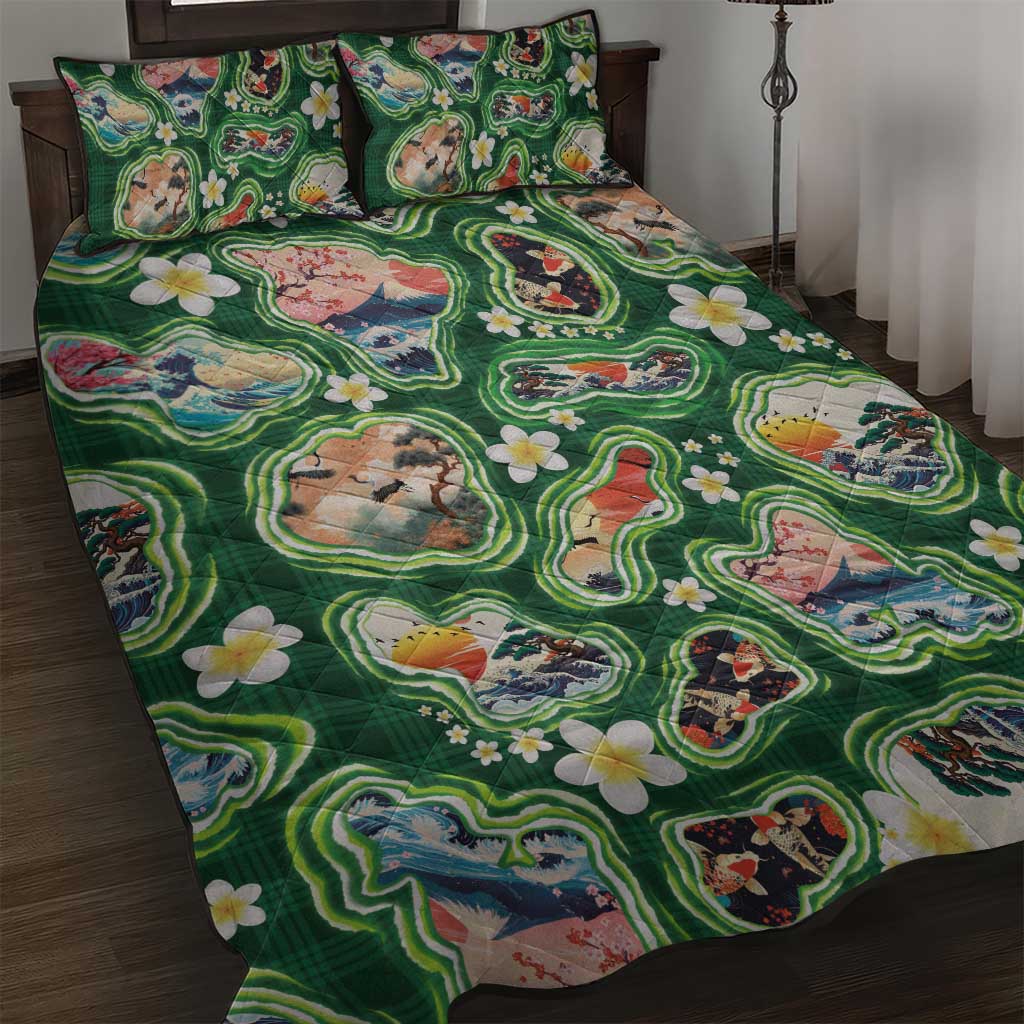 Hawaiian and Japanese Culture Together Quilt Bed Set Hawaiian Island Shapes with Japanese Landscape Green Color LT03 Green - Polynesian Pride