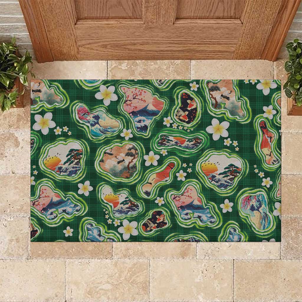 Hawaiian and Japanese Culture Together Rubber Doormat Hawaiian Island Shapes with Japanese Landscape Green Color LT03 Green - Polynesian Pride
