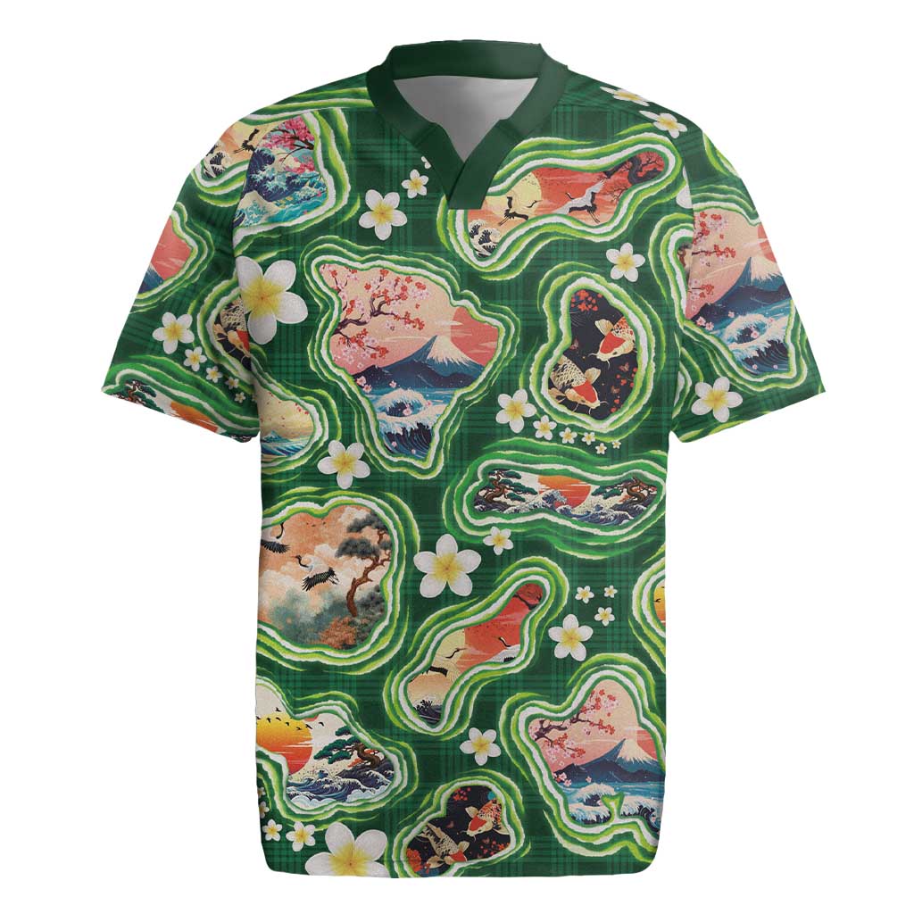 Hawaiian and Japanese Culture Together Rugby Jersey Hawaiian Island Shapes with Japanese Landscape Green Color LT03 Green - Polynesian Pride