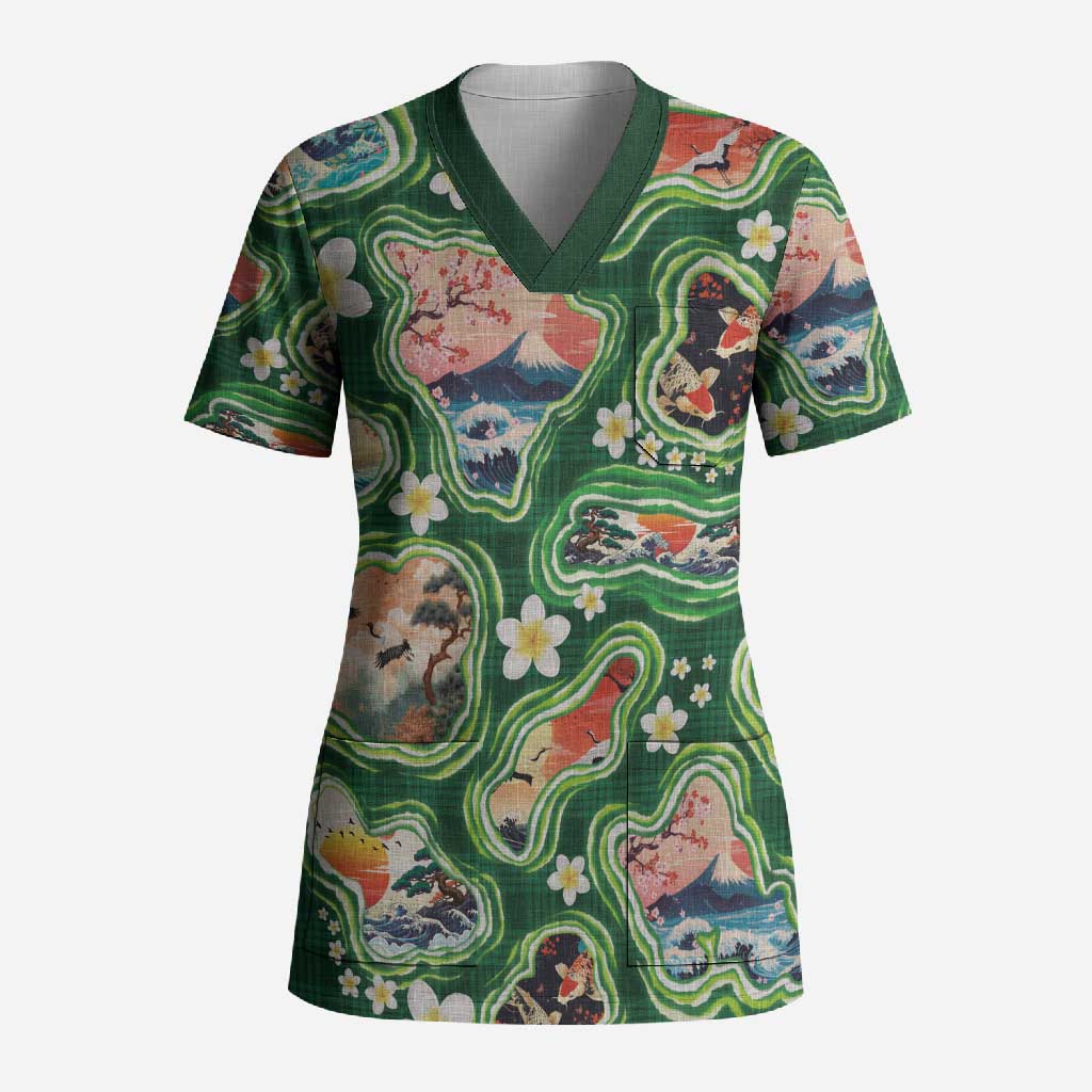 Hawaiian and Japanese Culture Together Scrub Top Hawaiian Island Shapes with Japanese Landscape Green Color LT03 Adult Green - Polynesian Pride