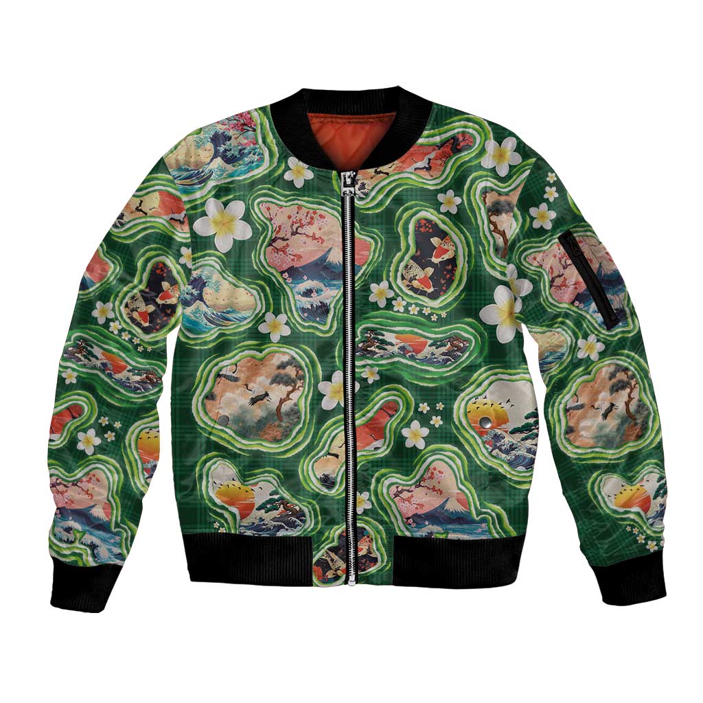 Hawaiian and Japanese Culture Together Sleeve Zip Bomber Jacket Hawaiian Island Shapes with Japanese Landscape Green Color LT03 Unisex Green - Polynesian Pride
