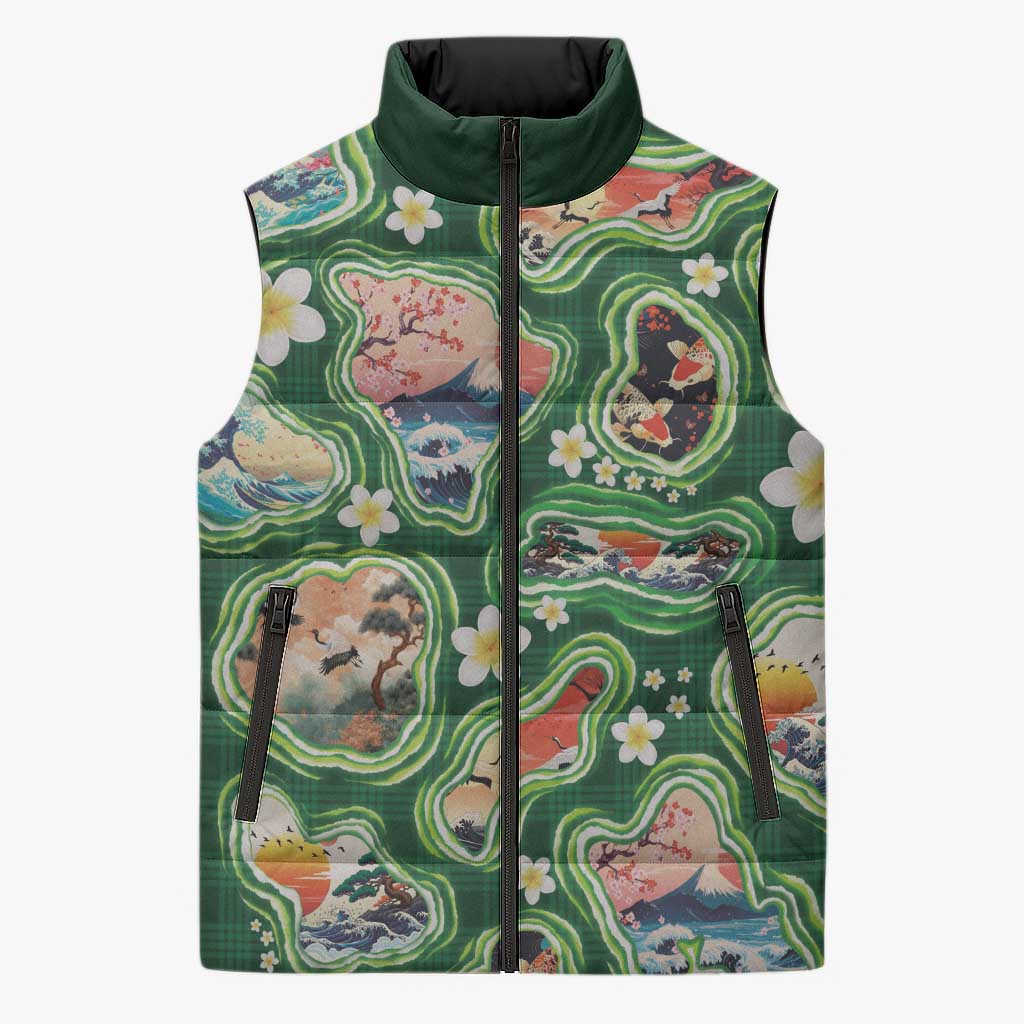 Hawaiian and Japanese Culture Together Sleeveless Puffer Jacket Hawaiian Island Shapes with Japanese Landscape Green Color LT03 Unisex Green - Polynesian Pride