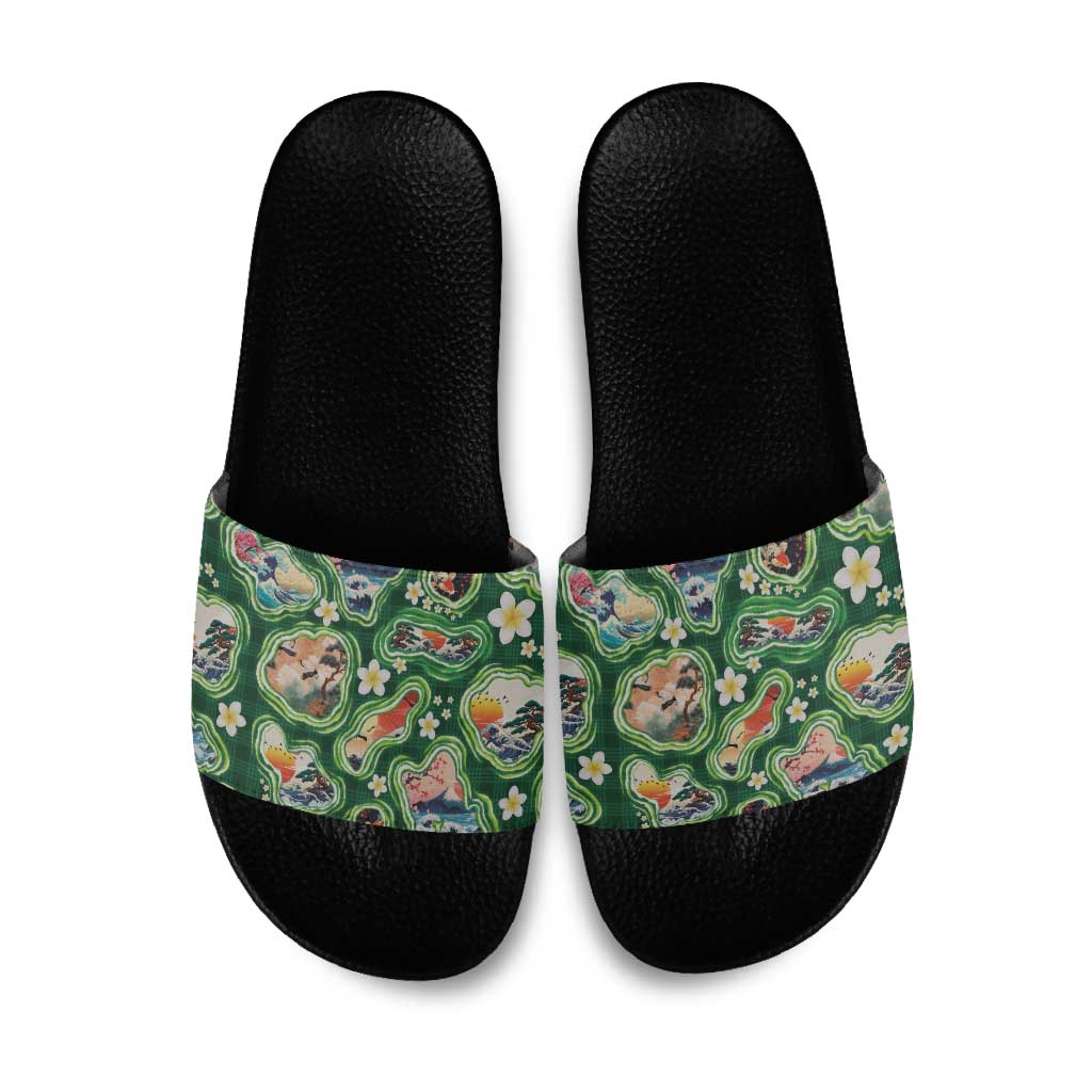 Hawaiian and Japanese Culture Together Slide Sandals Hawaiian Island Shapes with Japanese Landscape Green Color LT03 Green - Polynesian Pride