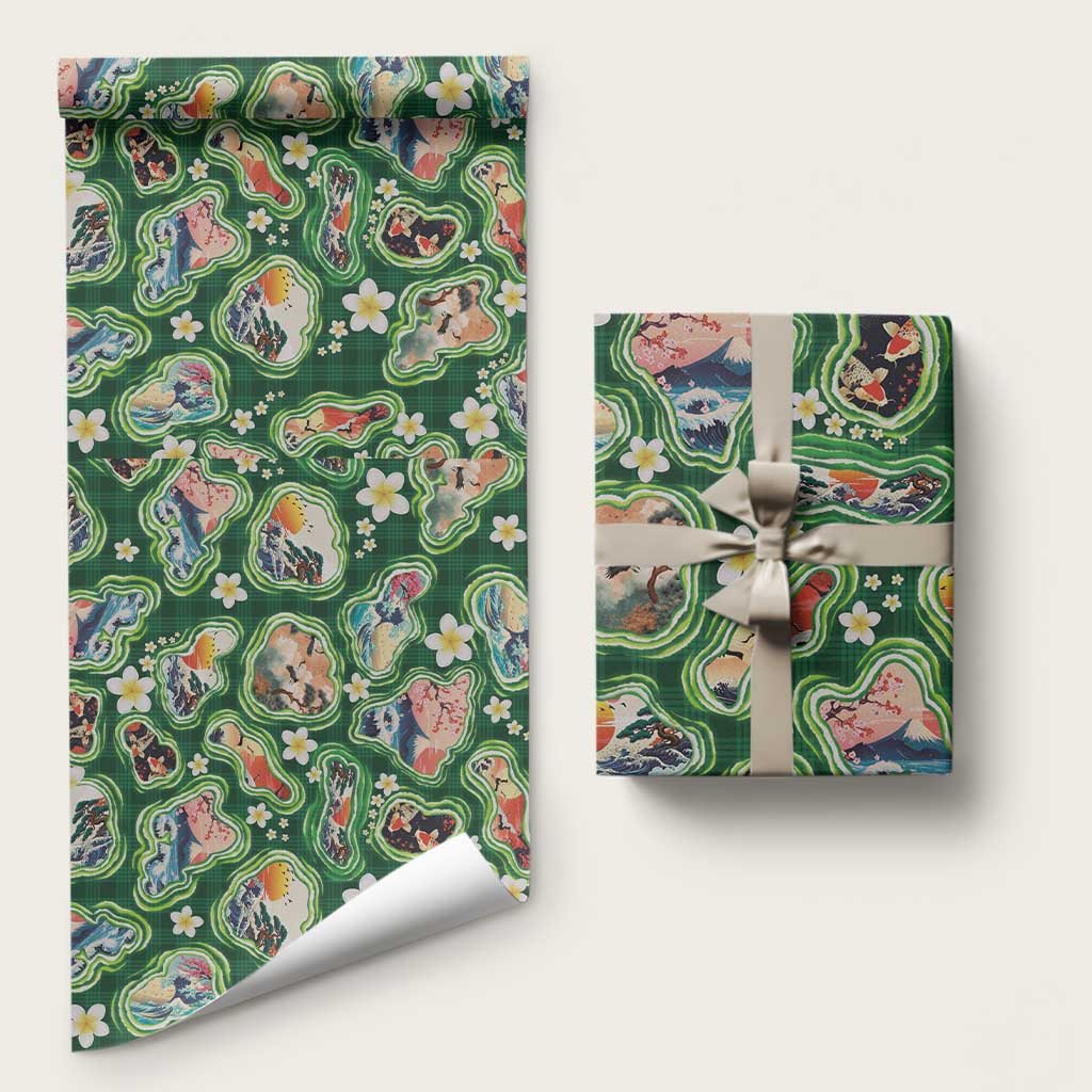 Hawaiian and Japanese Culture Together Wrapping Paper Hawaiian Island Shapes with Japanese Landscape Green Color LT03 58" × 23" Green - Polynesian Pride