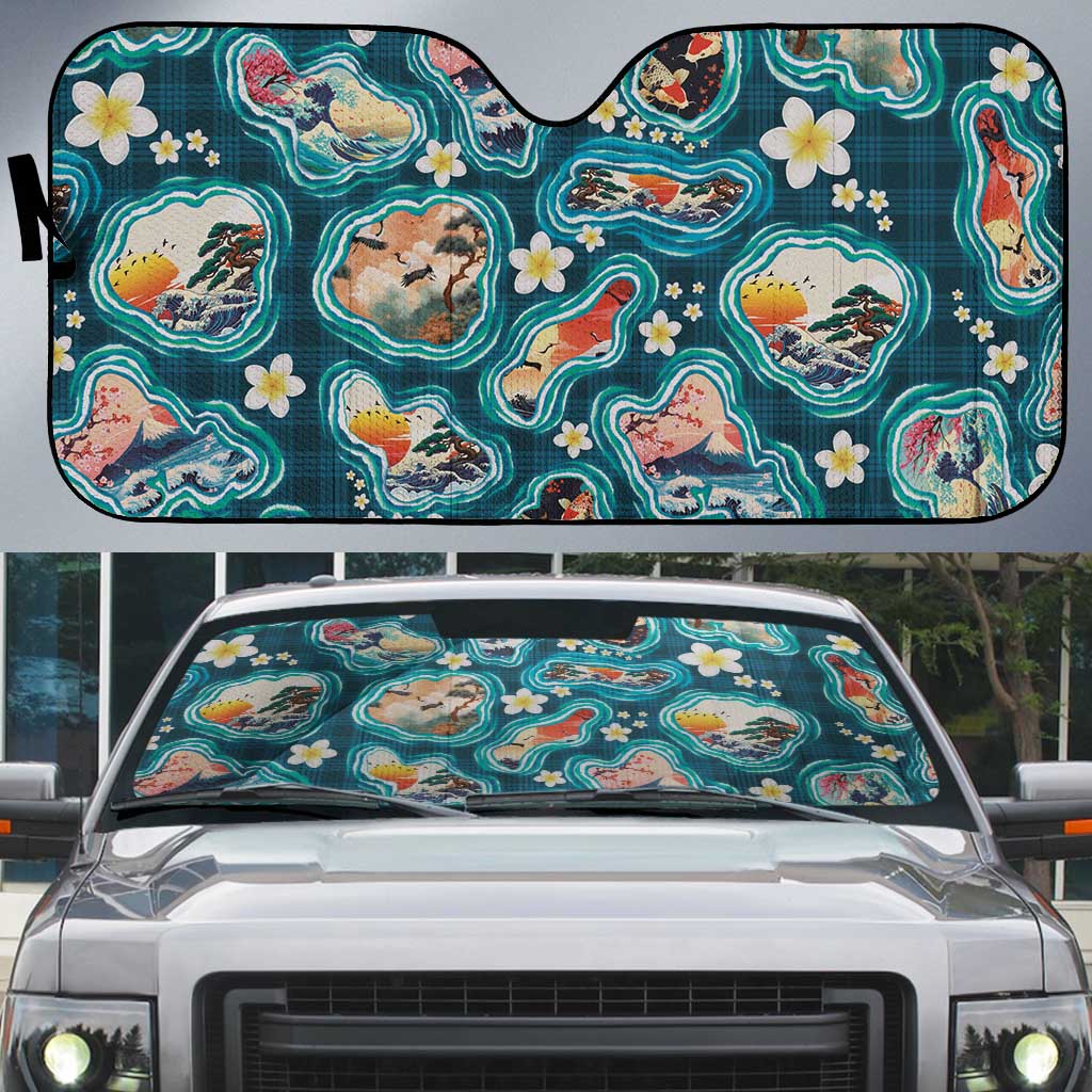 Hawaiian and Japanese Culture Together Auto Sun Shade Hawaiian Island Shapes with Japanese Landscape Teal Color LT03 Teal - Polynesian Pride