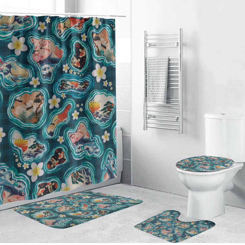Hawaiian and Japanese Culture Together Bathroom Set Hawaiian Island Shapes with Japanese Landscape Teal Color LT03 Bathroom Set (4 pcs) Teal - Polynesian Pride