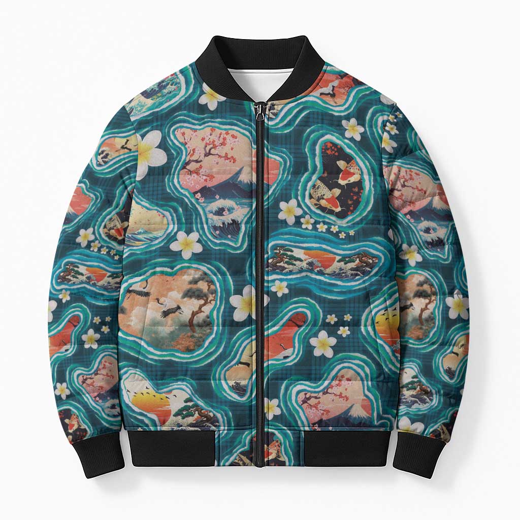 Hawaiian and Japanese Culture Together Bomber Puffer Jacket Hawaiian Island Shapes with Japanese Landscape Teal Color LT03 Unisex Teal - Polynesian Pride
