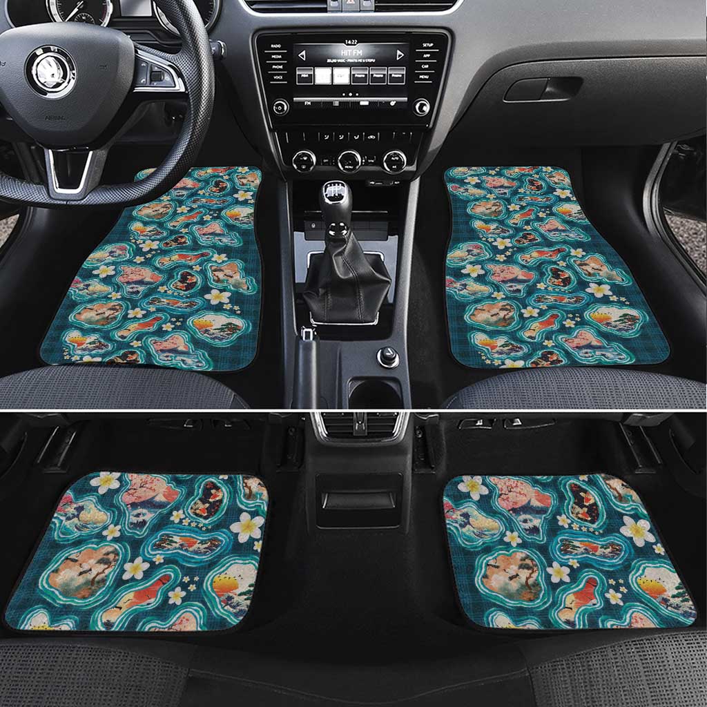 Hawaiian and Japanese Culture Together Car Mats Hawaiian Island Shapes with Japanese Landscape Teal Color LT03 Set 4pcs Teal - Polynesian Pride