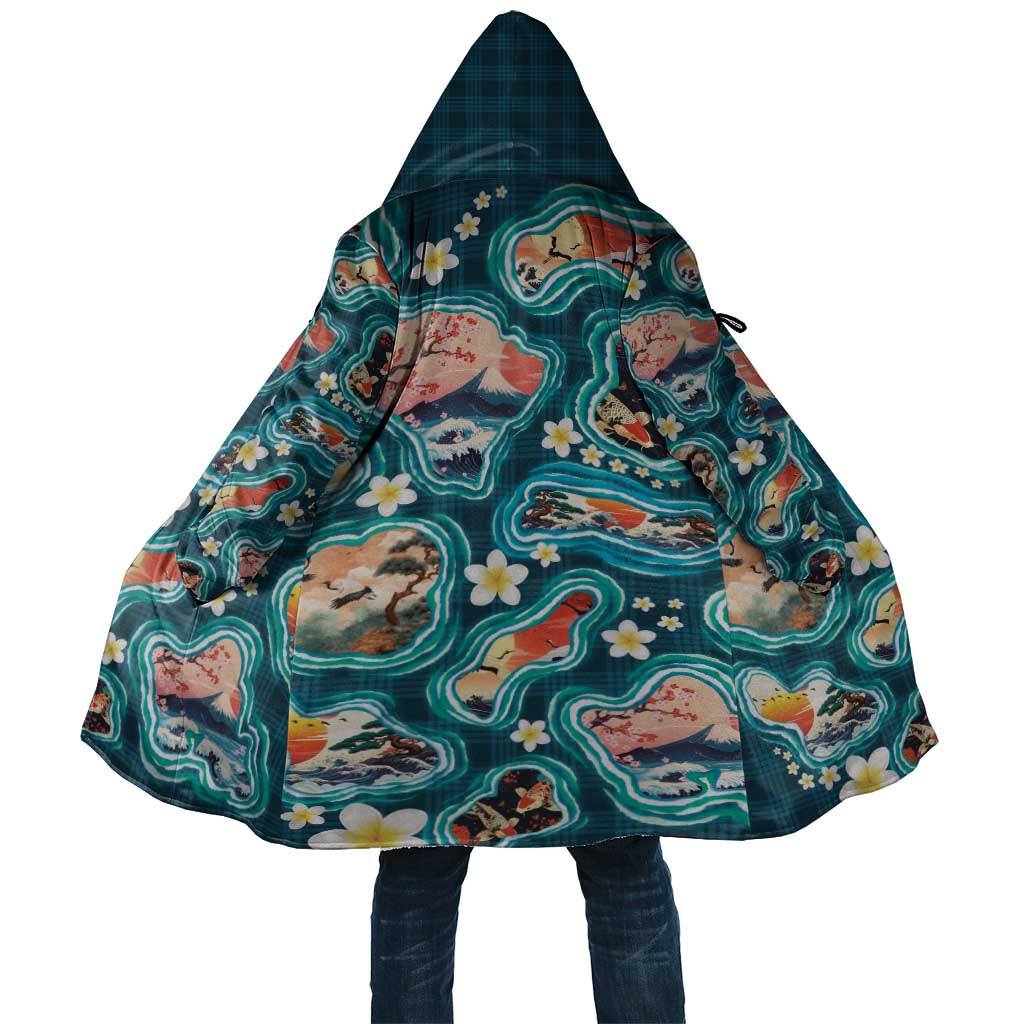 Hawaiian and Japanese Culture Together Cloak Hawaiian Island Shapes with Japanese Landscape Teal Color LT03 Unisex Teal - Polynesian Pride