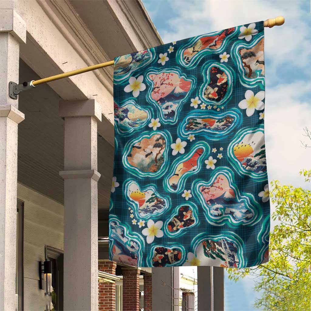 Hawaiian and Japanese Culture Together Garden Flag Hawaiian Island Shapes with Japanese Landscape Teal Color LT03 House Flag Teal - Polynesian Pride